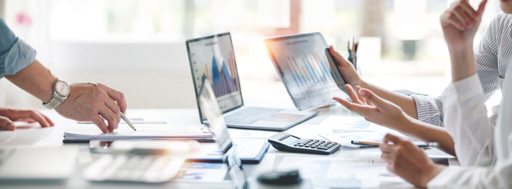 Business people advisor, business people talking, planning analyze investment and marketing on tablet in office.